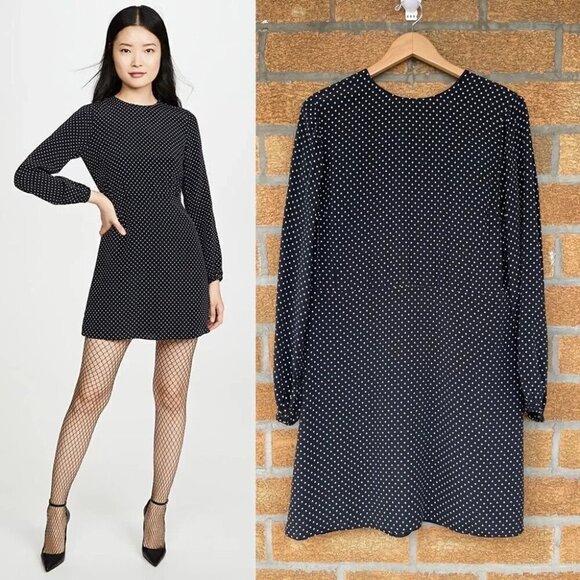 THEORY Polka Dot Long-Sleeve Mini Crepe Dress size 12 - Picture 1 of 12